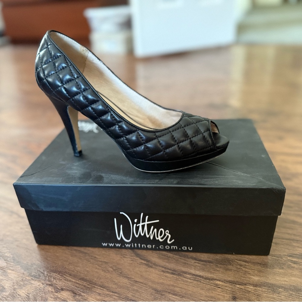 Wittner(famous Australian Designer)black top leather Quilted Heels with Peep-Toe